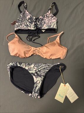 Maaji Coral Pink Lace-Up & Printed 3-Piece Bikini Set